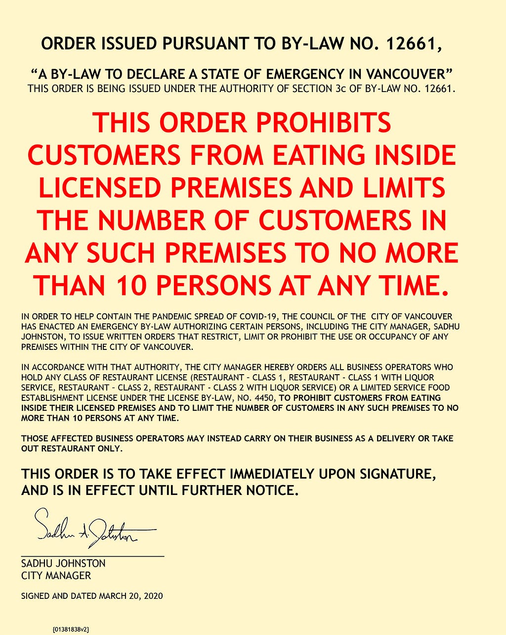 An example of the notice that will be posted to doors of businesses in violation of the emergency order.