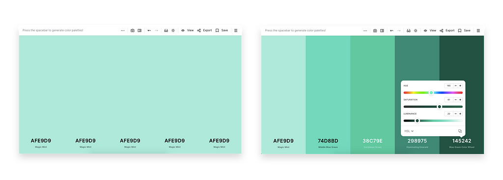 Using Coolors, I created tint stacks with 15% increments. I started with a 5-color palette with only #AFE9D9 as base.