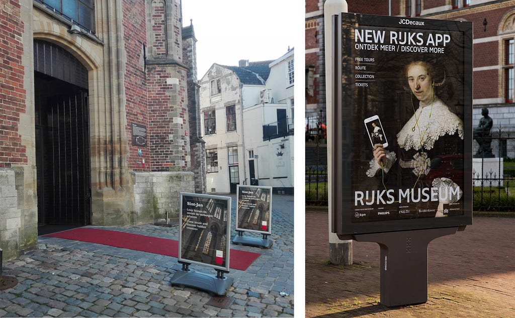 Picture of the advertisement in front of the Sintjan church in Gouda and a poster for the Rijksmuseum app.