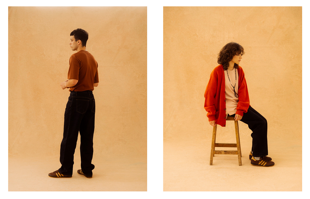 Two images side by side, left depicting a masculine presenting individual standing—they are wearing a short sleeve brown sweater, black, loose-fitting slacks, and Adidas samba sneakers. Right depicting a feminine presenting individual lounging on a stool—they are wearing a long necklace, baggy white t-shirt with an oversize burnt orange sweater. Additionally, they have on the same black, loose-fitting slacks and Adidas samba sneakers that the left individual has on.