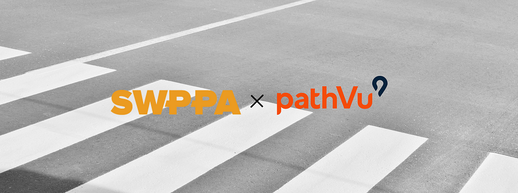 Logo of SWPPA and pathVu on a background image of crosswalk