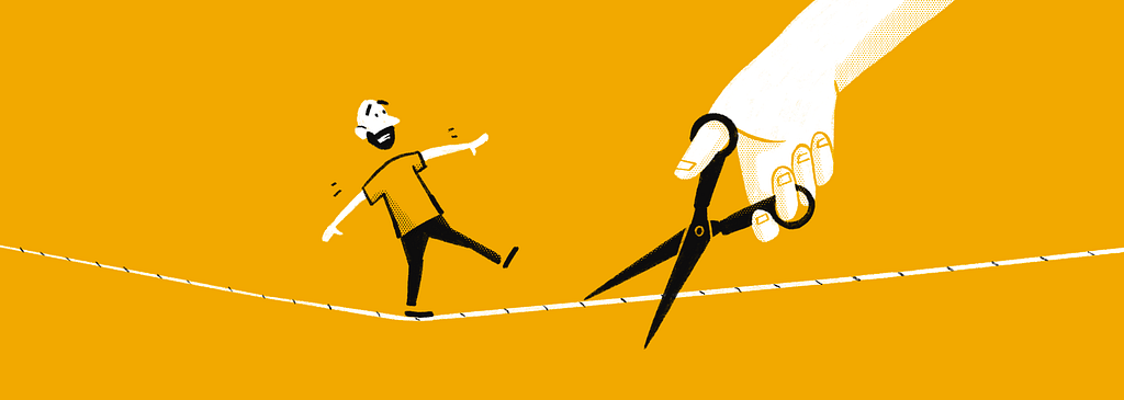 Illustration of a person balancing on a tightrope while a large hand with scissors approaches the rope from the side.