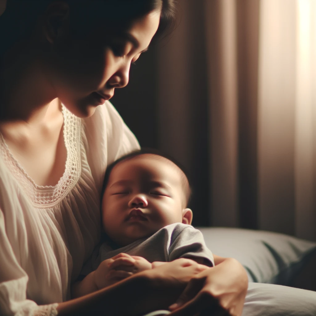 Mother and child bonding during nighttime, symbolizing the tranquility of parenthood