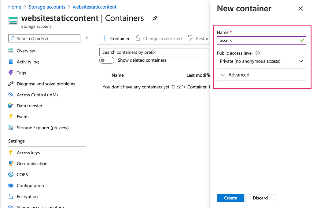 Setting up the Azure Blob Container and the public access level
