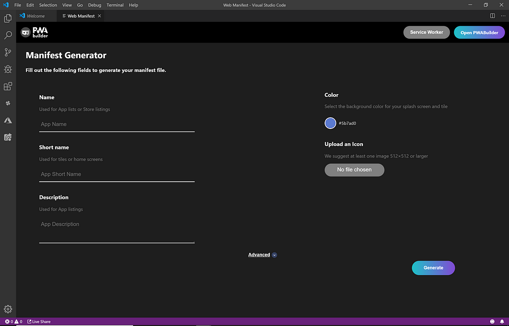 Manifest Generator in PWABuilder extension