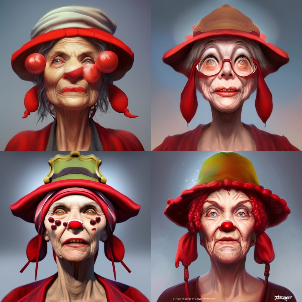 4 views of ugly old woman with red nose