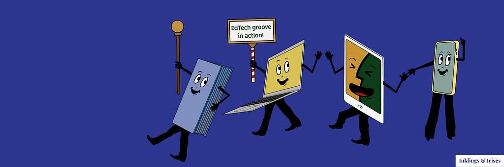 EdTech Groove in Action: A lively parade featuring animated characters representing educational technology devices — book, MacBook, iPad, and iPhone — marching together against a vibrant blue background.