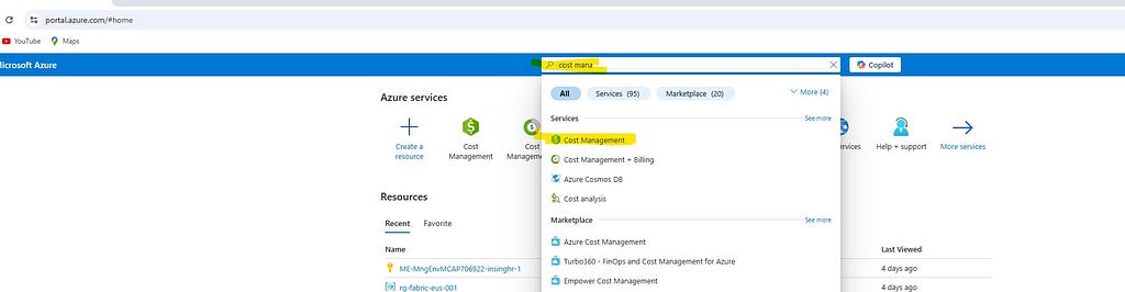 Azure Portal — Search Cost Management