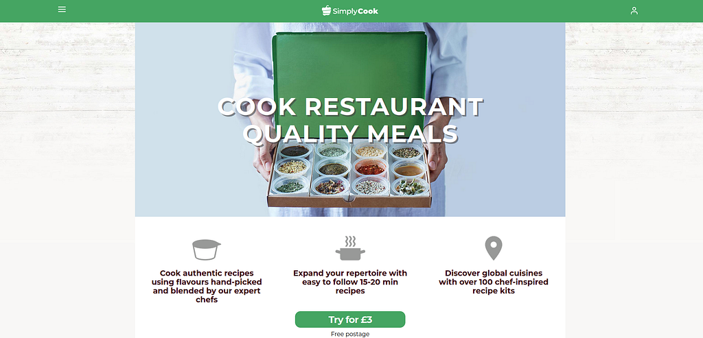 Screenshot of the Simply Cook website, above the fold. Title reads: COOK RESTAURANT QUALITY MEALS. An image of a box of powders, three ‘benefits’ boxes and a CTA button. The toolbar across the top is green, the lining of the box in the image is the same green, and the CTA button is green.