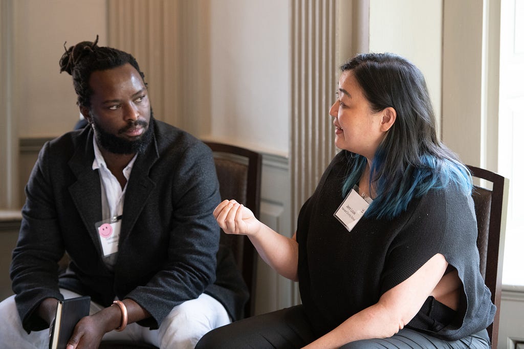 Sabelo Mhlambi in conversation with Jenn Louie at “Co-Designing Generative Futures: A Global Conversation about AI,” May 2023.