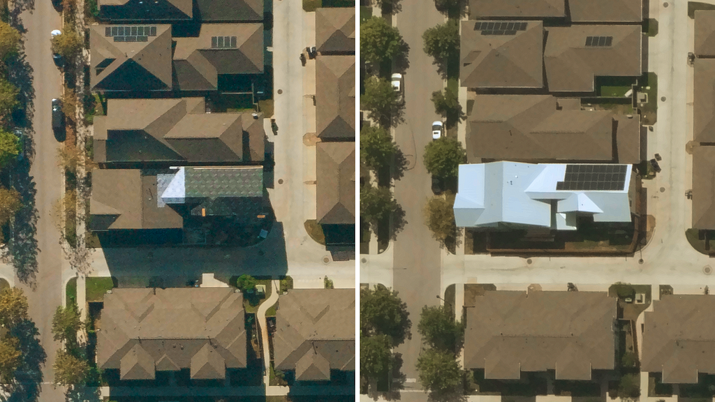 Near Space Labs’ high-resolution captures showing a property upgrading to a more resilient, metal roof with the addition of solar panels, revealing a change in risk to a policy.