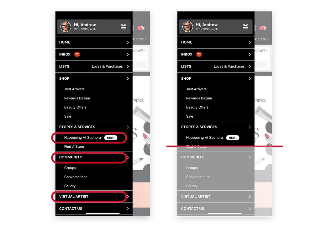 Screenshot showing the “fold” and highlighting items of the hamburger menu that were frequently missed.