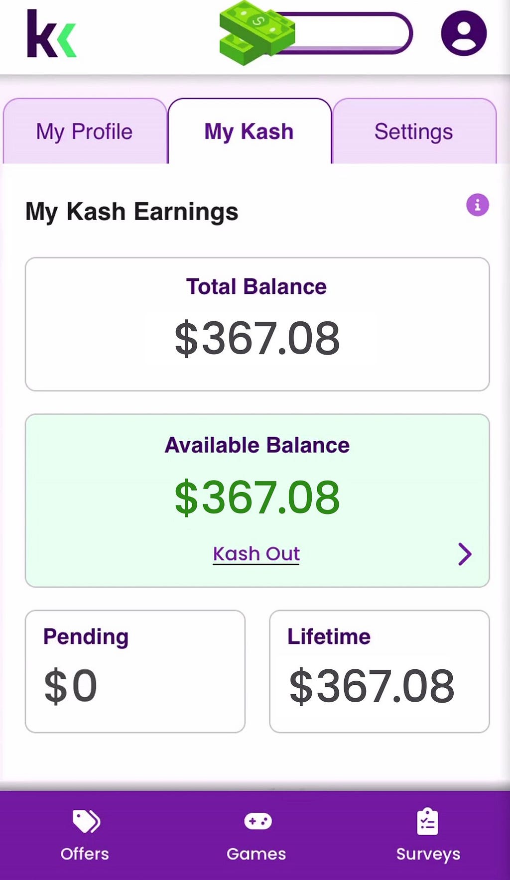 KashKick Gaming App — Earnings page snapshot