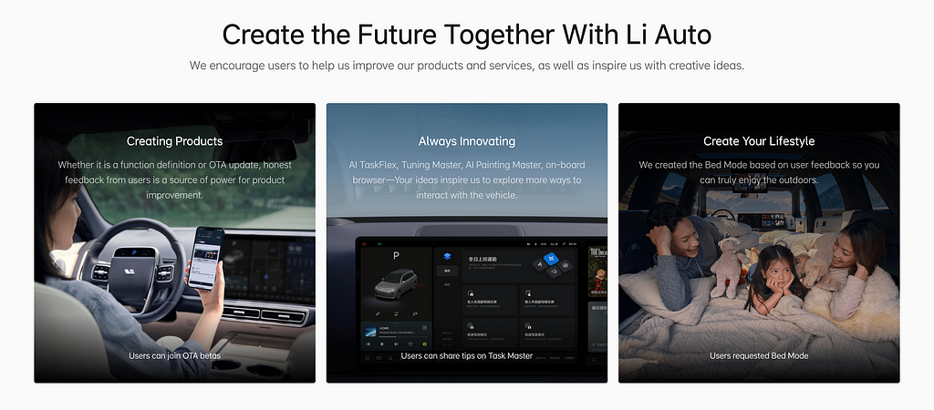 A promotional image showcasing Li Auto’s collaborative approach, highlighting user-driven features like Bed Mode and innovation through feedback.