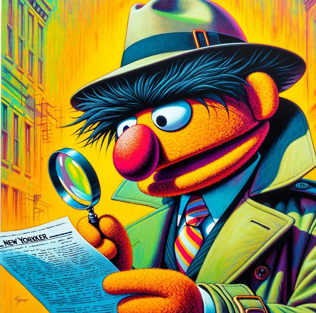 A colorful image in a New Yorker style, depicting a puppet inspired by Bert from Sesame Street, dressed as a detective. This unique puppet has a long, orange nose, a unibrow, and a mop of black hair. He is wearing a classic detective outfit, complete with a trench coat and a fedora hat. The puppet is examining documents with a magnifying glass, looking focused and inquisitive. The scene is vibrant and detailed, capturing the essence of a detective’s investigative work.