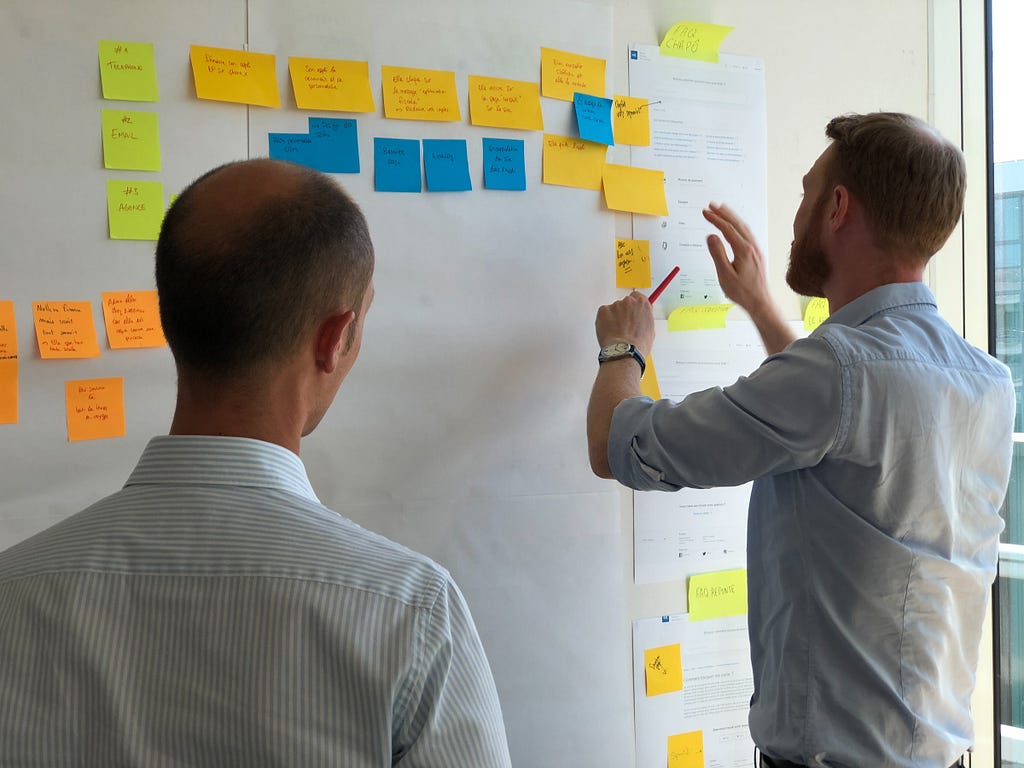 Two men working on a whiteboard full of Post-it notes