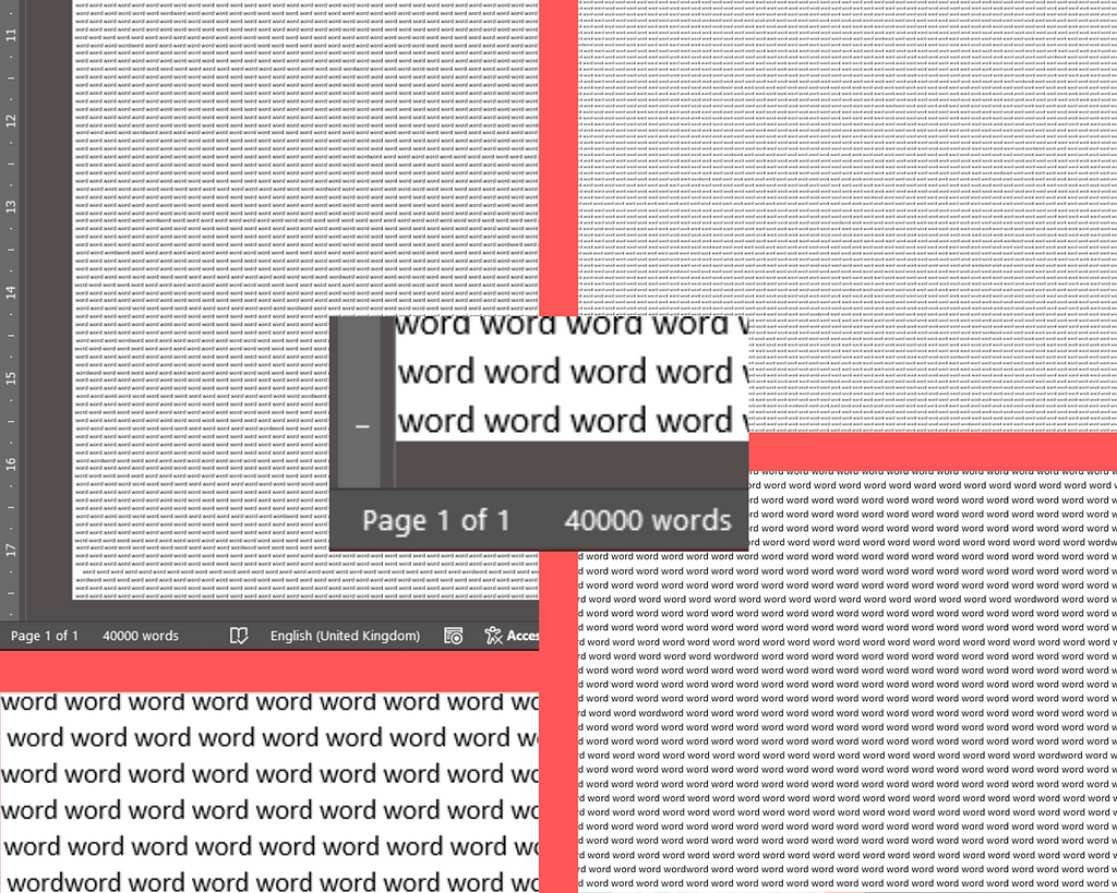 Increasingly magnified screen-clips of a single-page Word document of 40,000 words. The word “word” is repeated over and over.