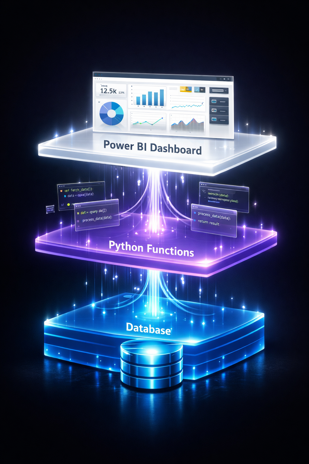 A three-layer architecture visualization showing the Translytical Task Flow stack: a glowing blue database layer at the bottom, a purple Python User Data Functions layer in the middle, and a white Power BI report layer on top, all connected by luminous data streams.