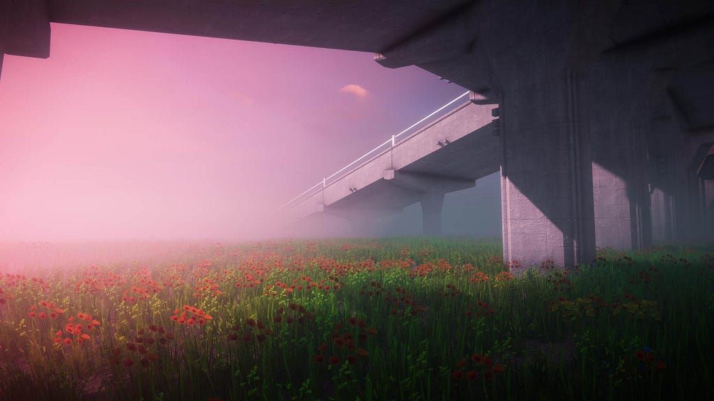 A bridge extends into a misty blue-purple sky. The viewer is under a portion of this bridge at eye-level with red flowers and green bushes.