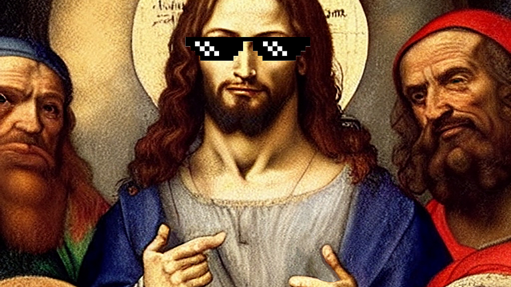 An AI generated renaissance painting of Jesus of Nazareth doing finger guns, with his eyes covered by pixelated sunglasses from common the “deal with it” meme.