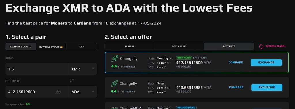 Exchange XMR to ADA with SwapZone