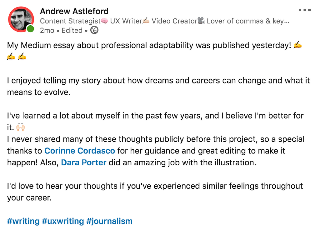 A screenshot of a LinkedIn post where the author of this essay promotes another essay he wrote.