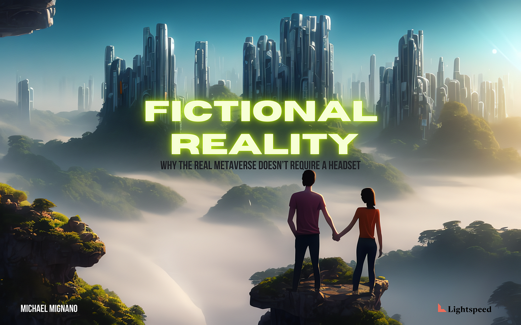 An AI-generated image of two people holding hands, standing on the edge of a cliff, overlooking a futuristic, utopian city, which is emerging from the center of a tropical valley.