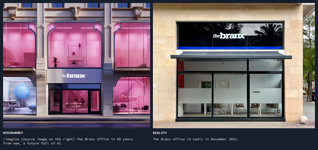 The Branx office reimagined with Midjourney using the prompt: /imagine The Branx office in 50 years from now, a future full of AI