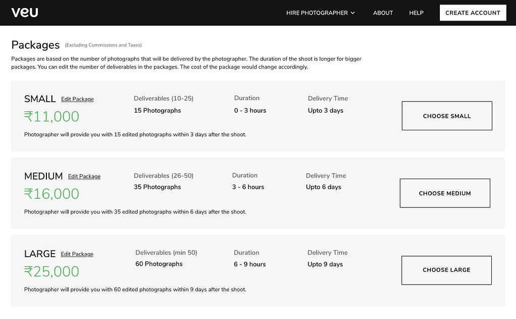 Visual design of default state of packages in photographer’s profile.