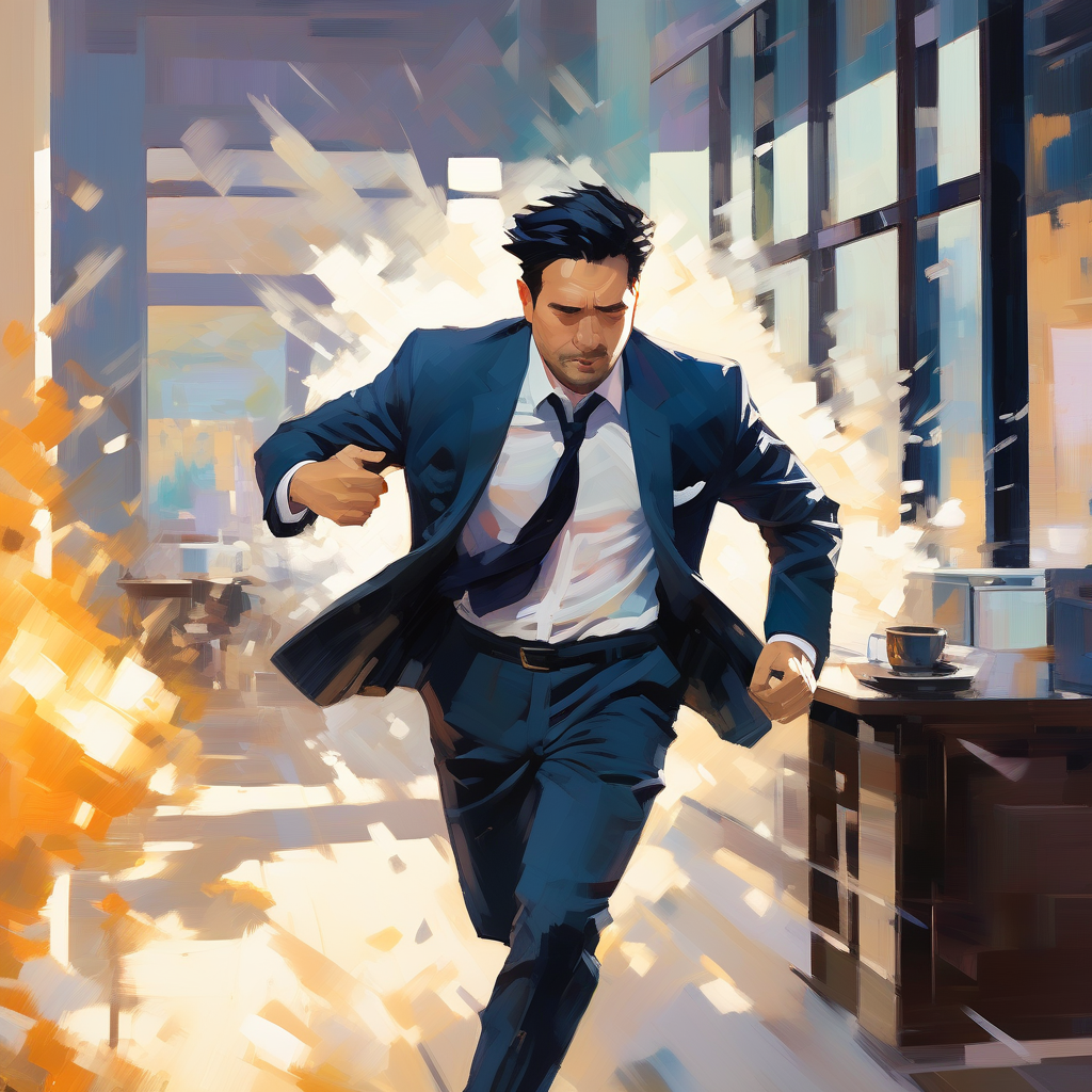 Well dressed man running in an exploding office