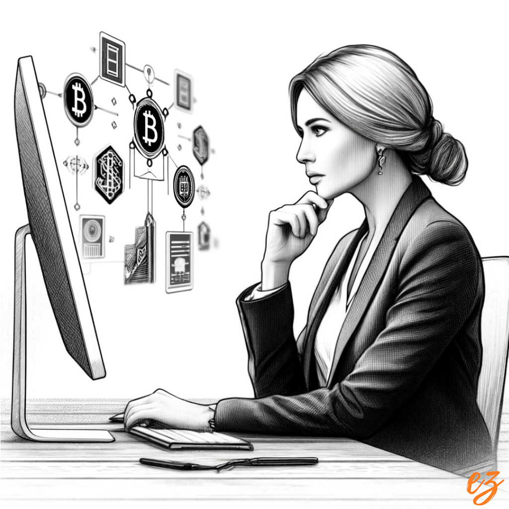 Decision Moment — A female compliance professional scrutinizes digital currency transactions on her computer, embodying the critical balance between innovation and regulatory adherence in the digital asset space.