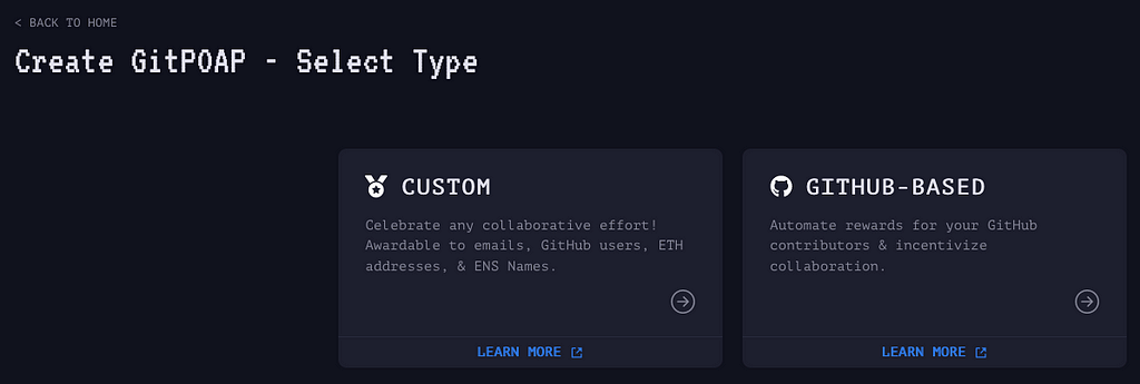 A screenshot from gitpoap.io/create/select-type showing both “Custom” and “Github-based” creation options