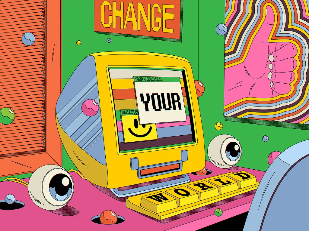 a 70s style illustration showing a retro laptop with speakers