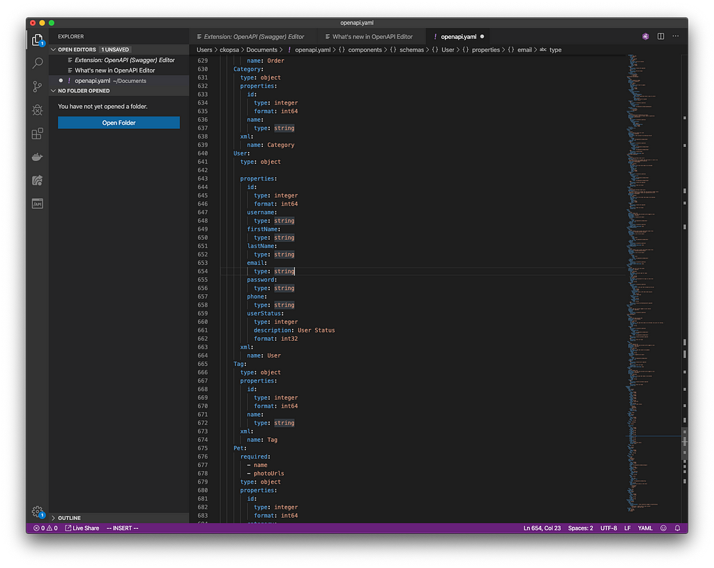 VSCode with an open OpenAPI.yaml file.