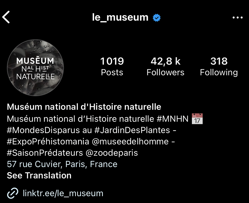 Instagram profile of the MNHN where you can see the logo on the top of the left