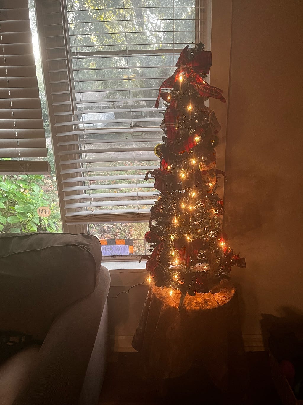 Photo of small Christmas tree, lit and adorned