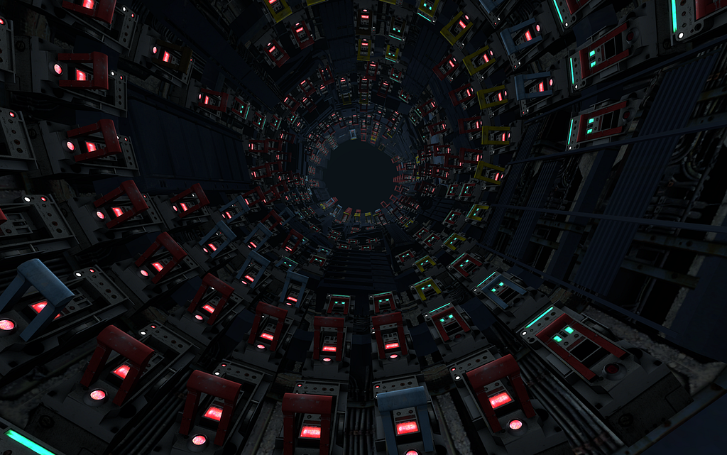 A screenshot from Portal 2. A circular tunnel covered on all sides by levers recedes into the distance. Each lever has a colored light: green, red, yellow. There are more of them than you can count.