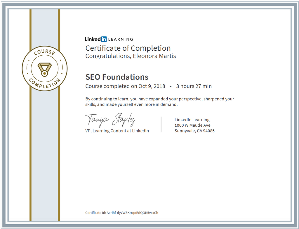 A LinkedIn learning certificate.