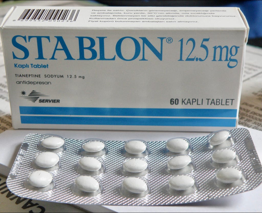 A box of Stablon,  Tianeptine tablets