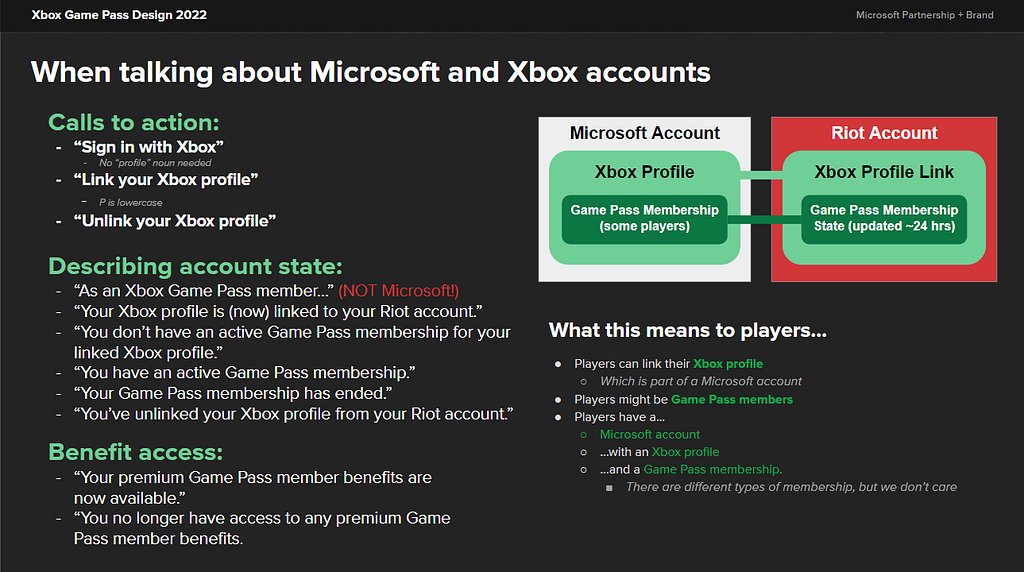 A text-heavy slide titled “When talking about Microsoft and Xbox accounts”, and sections called “Calls to action” (high frequency strings), “Describing account state”, “Benefit access”, and another conceptual section “What this means to players” walking through the information architecture of the ideas. There is also a diagram in the upper right reinforcing the concepts.