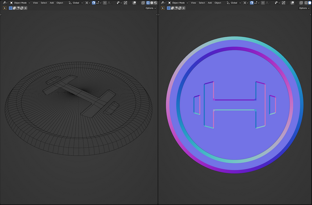 A screenshot of the 3D software program Blender. Two views of the same model split the screen in two halves. The model is a circular medallion, with an engraving of a barbell symbol on it. The view on the left shows the wireframe of the model, while the view on the right shows the model in solid mode.