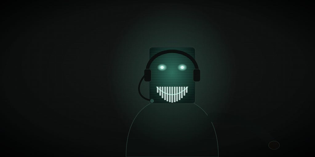 A dark, haunting illustration of a customer-service figure wearing a headset, its face a glowing screen with hollow eyes and a smile that stretches too wide, packed with far too many teeth.