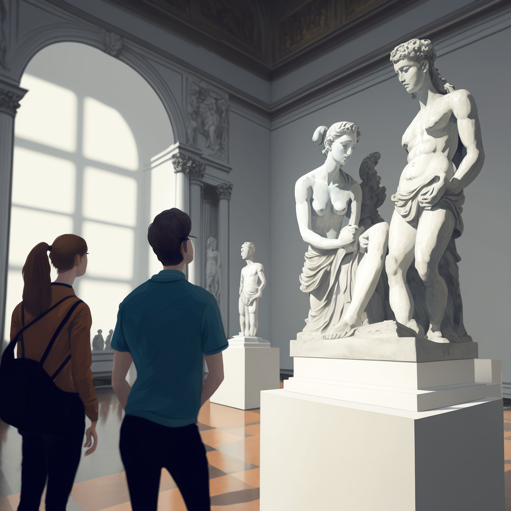 Visitors looking at a statue in a museum