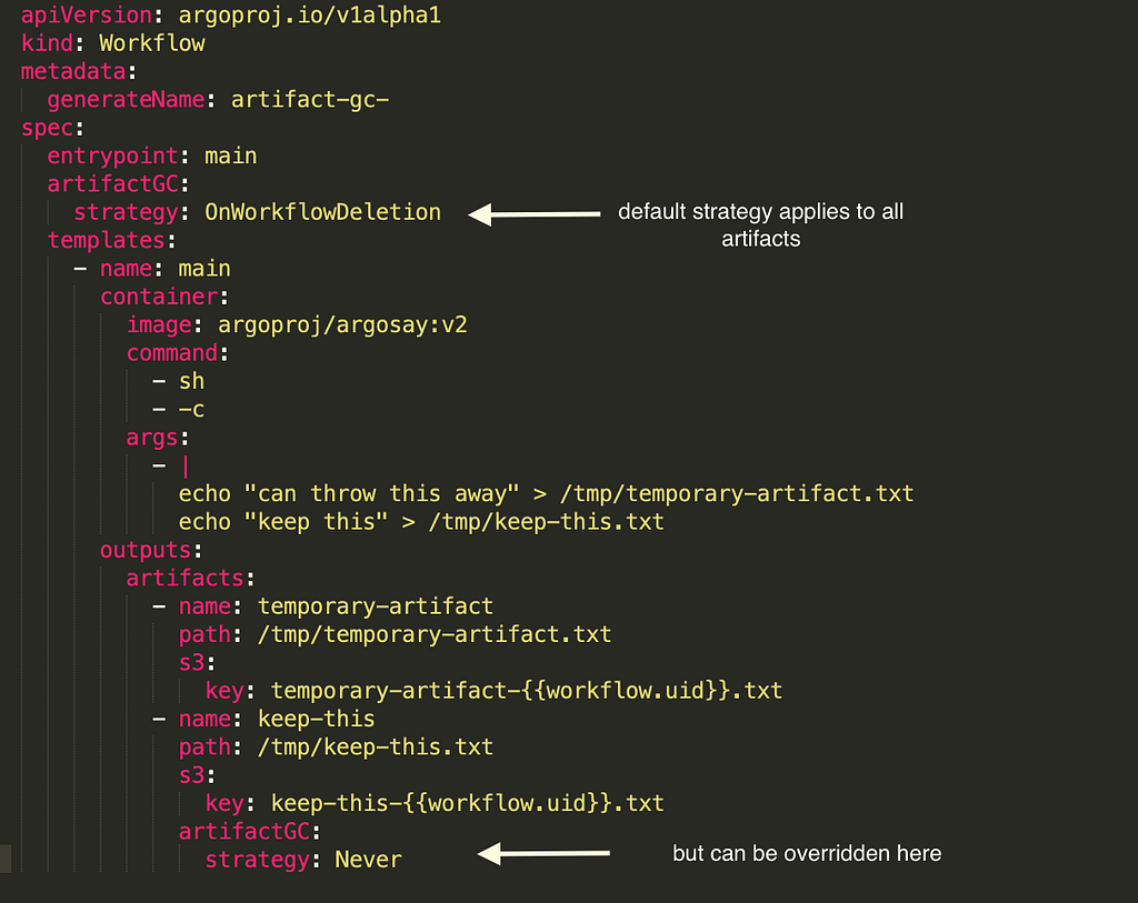 screenshot of Argo Workflows garbage collection strategy config