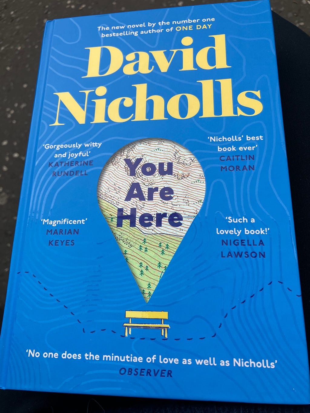 The cover of You Are Here. It’s blue with the author’s name in yellow. Quotations praising the book surrounded an inverted tear drop shape with a map in the centre.