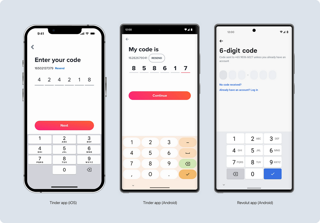 Keyboards for verification codes in Tinder and Revolut apps