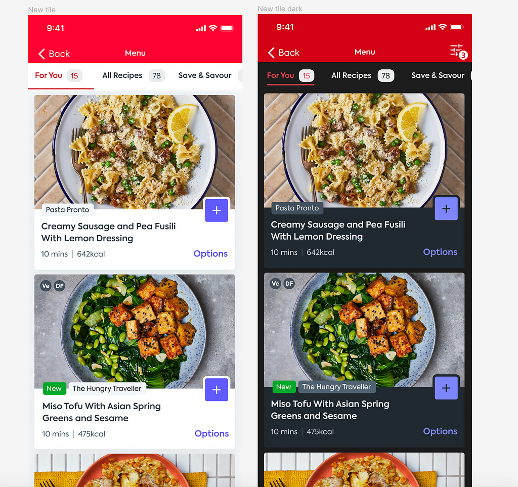 Two screenshots next to each other of a re-designed recipe card, one in light mode and one in dark mode