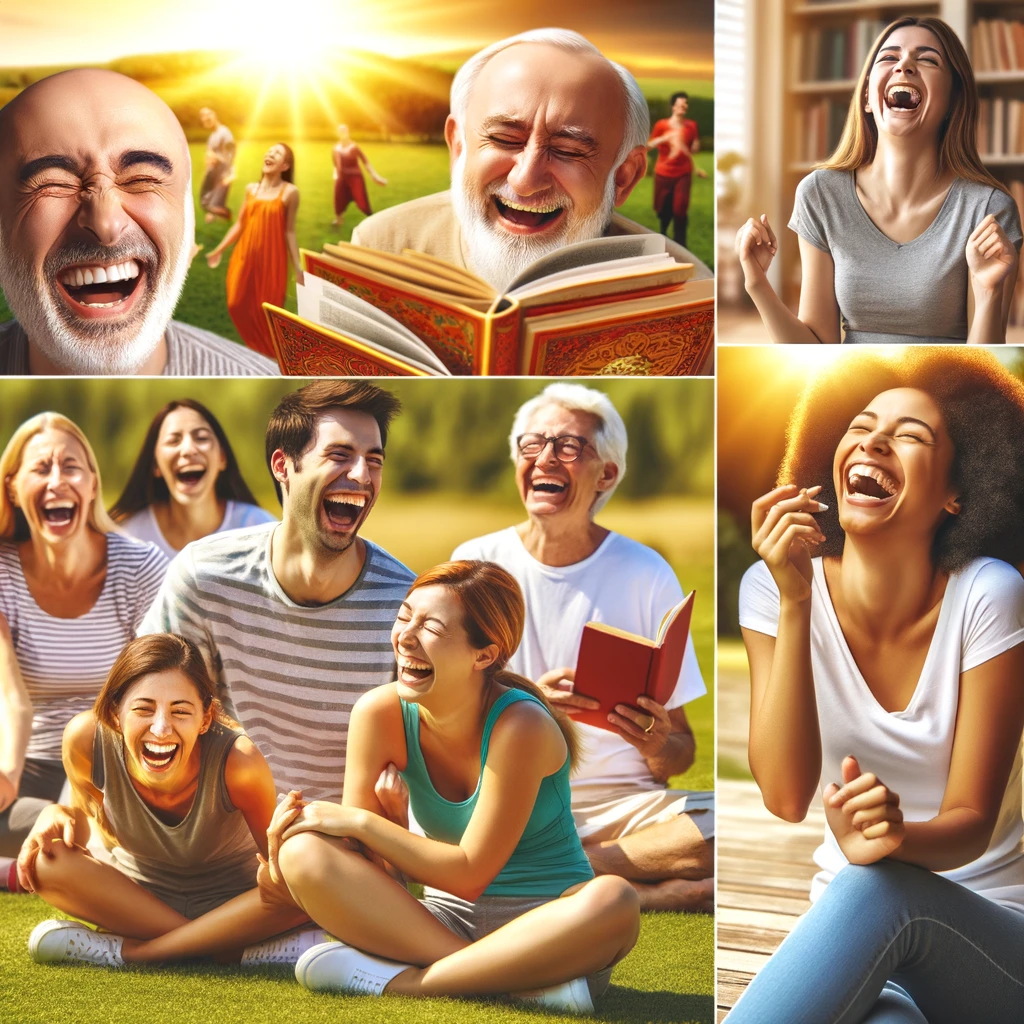 A mix of folks having fun with laughter therapy, doing laughter yoga in a park, reading a humorous book, and friends chuckling together.