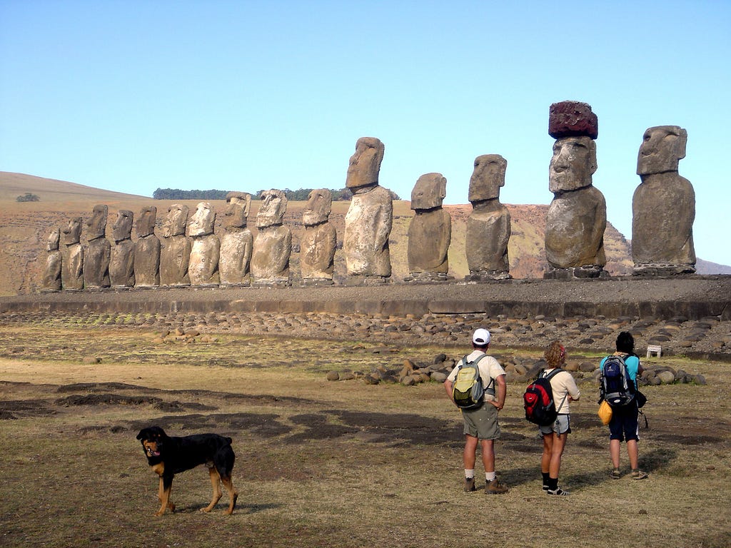 three visitors with a dog look at the famous Ahu Tongariki row of moai