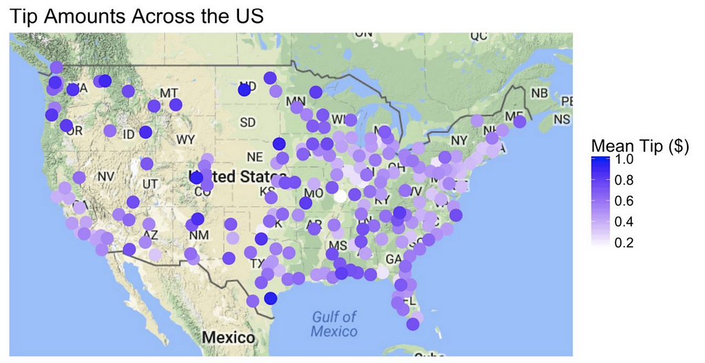 Mapa dos Estados Unidos com valores médios de gorjeta representados numa escala de cor.